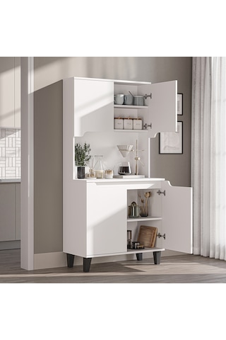 Defne Kahve Köşesi, Çok Amaçlı Dolap, 4 Kapaklı Kiler Dolabı, Mutfak Dolabı 90 Cm Mat Beyaz