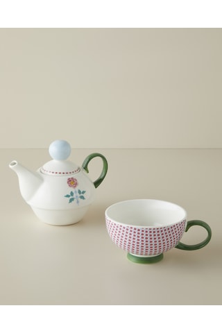 Rustic Florals New Bone China Demlik Seti 380 260 Ml Mavi - Pembe