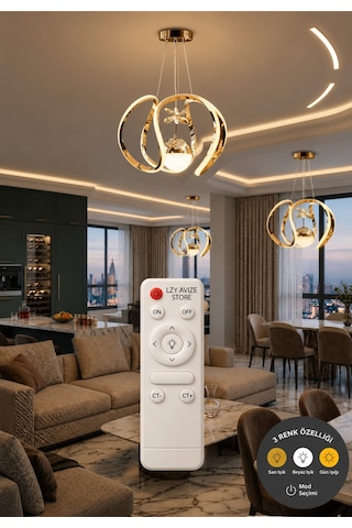 Tek Toplu Amissos Gold Kumandalı 3 Renk Sarkıt Avize Salon, Yemek Masası, Mutfak Ve Çocuk Odası Aydınlatma