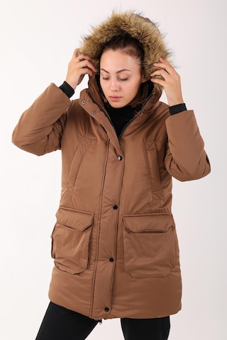 Maraton Sportswear Regular Kadın Kapşonlu Uzun Kol Basic Taba Parka 21418 Taba