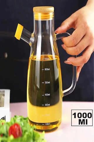 Yağdanlık 1000 Ml Bambu Kapaklı Borosilikat Cam Yağlık Sirkelik Şişesi Master Vakumlu Sosluk