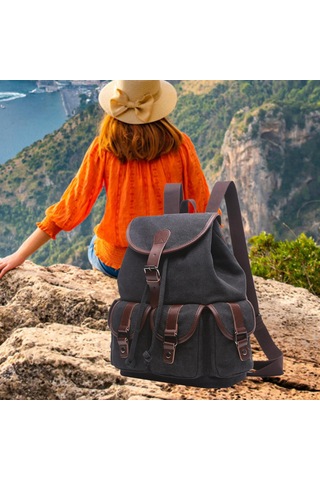 Suntek Kanvas Sırt Çantası Okul Yürüyüş Satchel Çanta Siyah