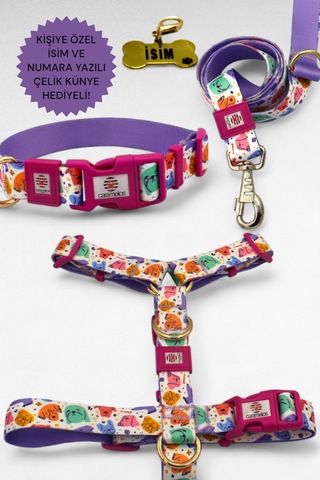 Caramelos Köpek Tasma Seti Kişiye Özel İsimli Tasma H Tipi Tasma Lila