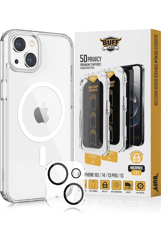 Buff Apple Uyumlu iPhone 14 Avantaj Paket - Magsafe Kılıf + Ekran Koruyucu + Lens Koruyucu Privacy Hayalet
