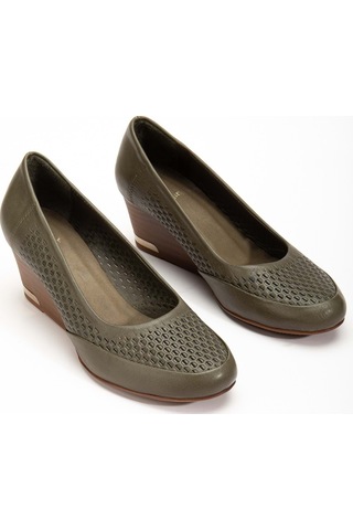 Analin Shoes Kadın Hakiki Deri Petek Baskılı Dolgu Topuklu Ayakkabı Dark Olive