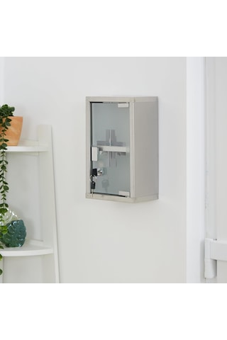 Kilitli Paslanmaz Dolabı 2 Raflı Cam Kapaklı Duvara Monte 30x18 Cm Gümüş