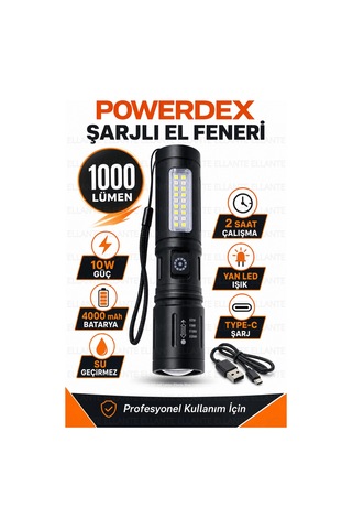 Şarjlı El Feneri 1000 Lümen 4000 Mah Bataryalı Type-c Şarjlı Yan Led Kamp Tamir Acil Durum Feneri Pd Çok Renkli