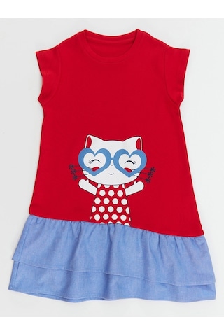Denokids Kedi Fırfırlı Kırmızı Kız Elbise Kırmızı