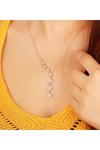 Gümüş Kayan Sıralı Yıldızlar Süzülen Yıldız Kolye Wsn61B