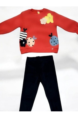Kız Çocuk Çiçek Desenli İçi Şardonlu Kadife Taytlı Takım-14515 Nar Çiçeği