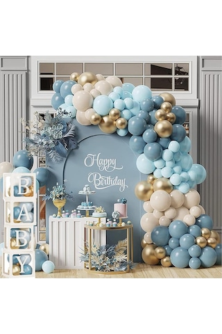 Okyanus Temalı Baby Shower Set 119 Parça Okyanus Mavi, Deniz Kumu, Krom Gold Ve Açık Mavi Balon Set