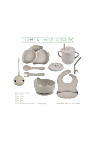 Jojobebek Silikon Beslenme Seti Vakumlu Silikon Mama Tabağı, Mama Kasesi, Önlük, Kaşık, Pipetli Bardak Gri
