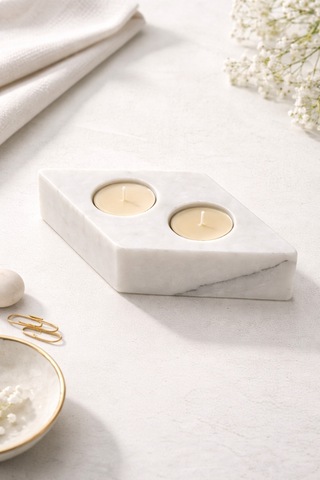 Doğal Mermer Mumluk Baklava Form 2 Li Tealight Dekoratif Lüks