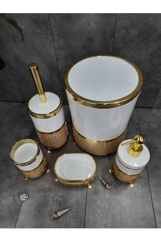 Avangard Krem Üzeri Gold Işlemeli 5'li Banyo Seti Krem