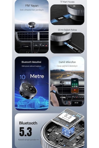 Bt15 Bluetooth 5.3 Araç Kiti+fm Transmitter 3.5mm Aux Jack Hafıza