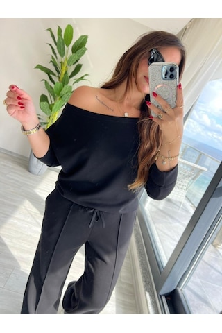 Ahes Shopping Kadın Uzun Kollu Tek Omuzdan Açık Modal Bluz Ve Pantolon Ikili Takım Siyah