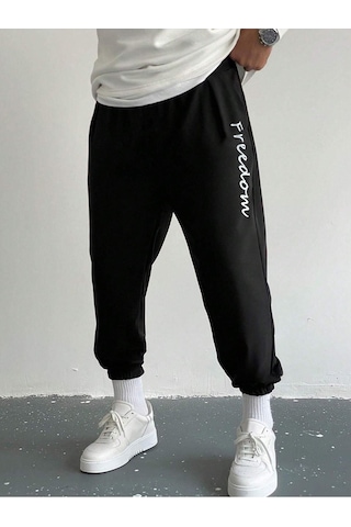Eşofman Altı Jogger - Siyah Baskılı Lastik Paça Yüksel Bel Siyah