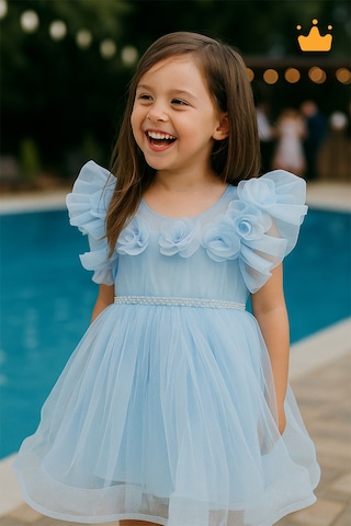 Babyhola 2-8 Yaş Gül Yakalı Grenli Kabarık Tül Kız Bebek Çocuk Abiye Elbise Bayramlık Gelinlik 3502 Mavi