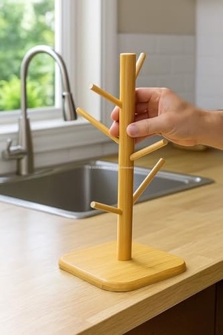 Busstier Ahşap Bambu Kupa Bardak Askısı 6'li Stand Doğal Mutfak Tezgahı İçin Kupa Standı Bardak Tutucu Modern De Çok Renkli