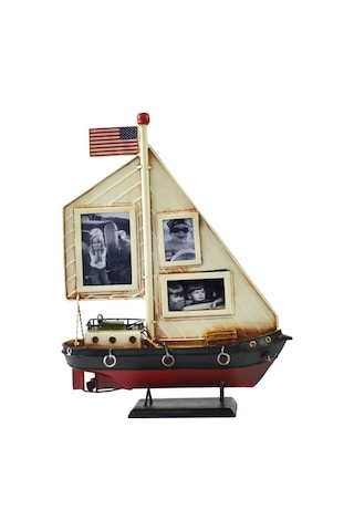 Dekoratif Resim Çerçeveli Metal Yelkenli Gemi 35cm