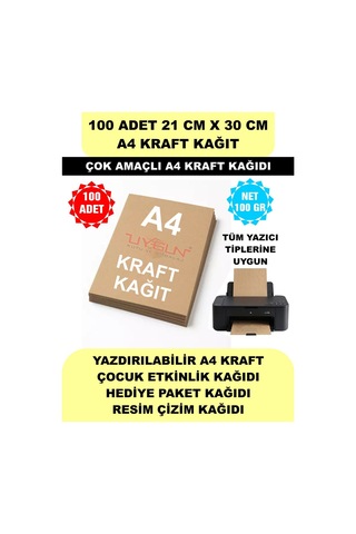 100 Adet A4 Kraft Kağıt 21x30 100 Gr. Yazıcı Uyumlu, Vintage Resim Kağıdı, Çocuk Etkinlik Kağıdı