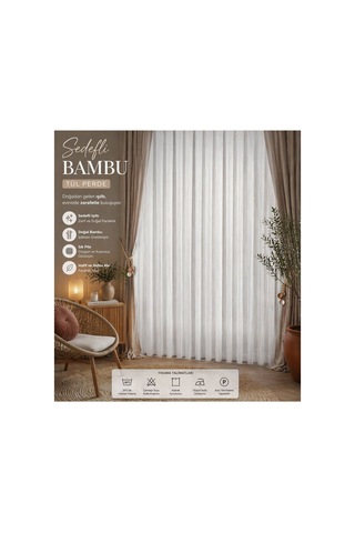 Ütü İstemez Sedefli Lüx Bambu Model Tül Perde 1/2 Seyrek Pileli Özel Ölçü Şık-tasarım Ekru Ekru
