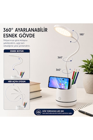 Şarjlı Led Masa Lambası Dokunmatik 3 Modlu Telefon Tutuculu Kalemlik Organizerli Esnek Gövdeli Çalışma Lambası Beyaz