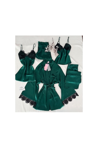 Mh Moony Homewears Kutulu 5'li Bafiros Yeşil Saten Pijama Gecelik Sabahlık Çeyiz Seti Yeşil