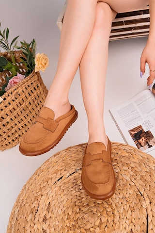 Muggo Vintage Süet Deri Günlük Rahat Önü Kapalı Kadın Loafer Terlik Taba