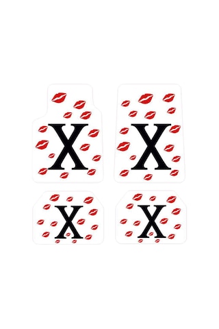 Oem X Ve Öpücük Desenli Beyaz 4 Parça Üniversal Halı Paspas Seti
