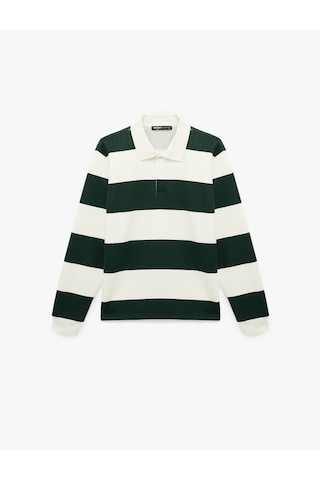 Koton Regular Fit Uzun Kollu Şardonlu Düğmeli Polo Yaka Çizgili Sweatshirt Yeşil Çizgili 6wam70297mk