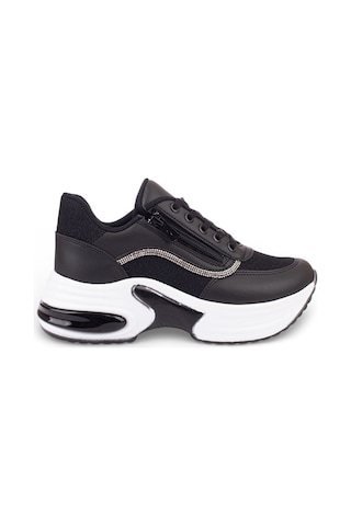 Modalendo 1511-26 Cilt Deri Simli Şeritli Anatomik Bağcıklı Kadın Sneaker Siyah Beyaz Siyah