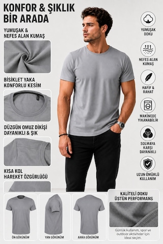 Luxıc Core Erkek Slim Fit Açık Gri Bisiklet Yaka Pamuk Penye Günlük Rahat Basic Tişört