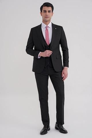 Efor Slim Fit Mono Yaka Çift Yırtmaç Armürlü Esnek Yünlü Siyah Yelekli Klasik Takım Elbise Tk 933 Siyah