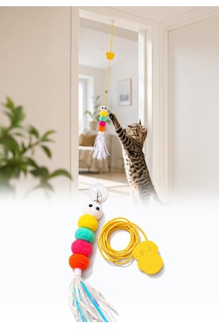 Kedi Oyuncağı Kapıya Asılan Zilli İnteraktif Kedi Oltası Vantuzlu Esnek İpli Oyuncak