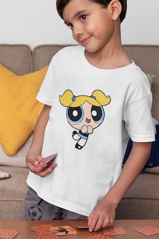 Sevbano Bubbles Baskılı Unisex Power Puff Çizgi Film Çocuk Tişört 1-12 Y Beyaz