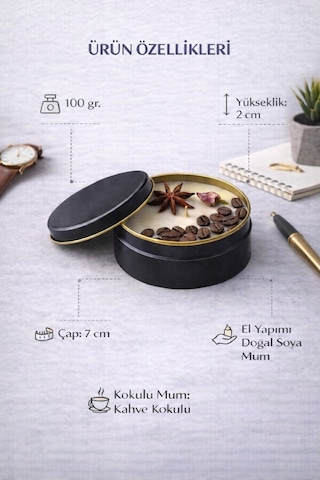 Dekoratif Lüks Soya Mum,el Yapımı Doğal Mum,metal Kutu ,anason Detay Ev Hediyesi,kahve Kokulu 100 G Kahverengi - Krem