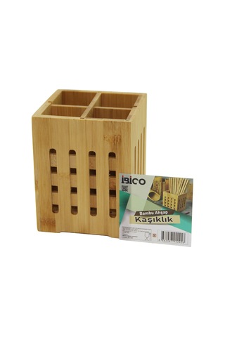 Ahşap Bambu 4 Bölmeli Kaşıklık Organizer 11x11 Cm, Pencereli Sarı