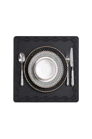 Nakışlı Deri Amerikan Servis 2'li Set Çift Taraflı Kare Supla 40x40 Cm Raya Siyah