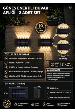 2'li Set Güneş Enerjili Duvar Apliği 10 Led'li Su Geçirmez Dış Mekan Aydınlatma Gün Işığı 2 Adet