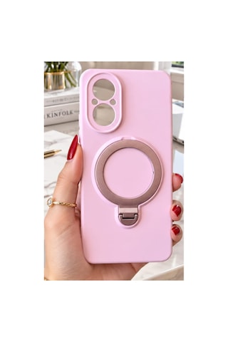Realme C67 İle Uyumlu 360 Derece Dönebilen Kalın Metal Magsafe Halka Stantlı İçi Kadife Korumalı Ultra Lüx Premium Silikon Kılıf Pembe