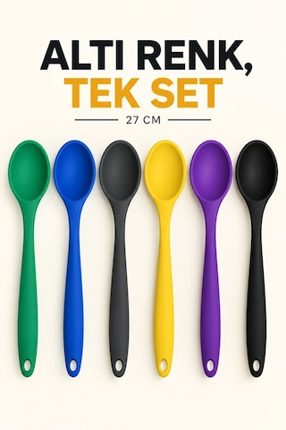 6'lı Set Yeşil Mavi Antrasit Sarı Mor Siyah, Büyük Boy Silikon Kaşık Seti 27 Cm Mutfak Servis Kaşığı