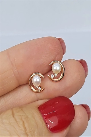 925 Ayar Rose Renk Hilal Içi Incili Gümüş Küpe