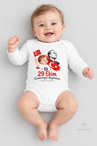 Babyden's İlk 29 Ekim Cumhuriyet Bayramım Baskılı Bebek Çıtçıtlı Body Uzun Kollu %100 Pamuk Unisex Zıbın Badi Beyaz - Kırmızı