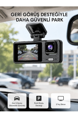 Full Hd 3'lü Araç Kamerası Geri Görüş Destekli Park Modlu 1080p Dvr 03016643