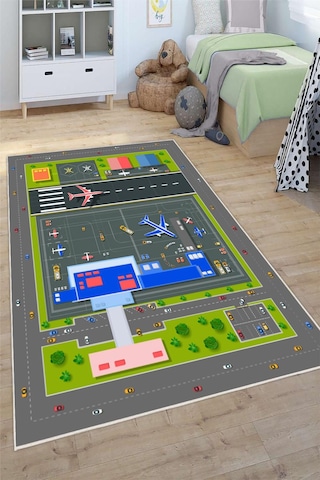 Uçak Pisti Havalimanı Desenli Çocuk Oyun Halısı gri
