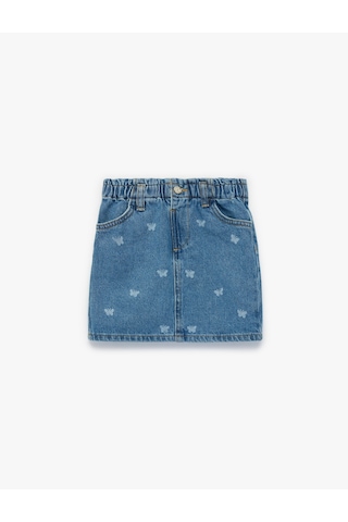 Koton Pamuklu Kelebek Desenli A Kesim Cepli Mini Denim Etek Orta İndigo 6smg70002ad İndigo
