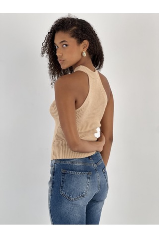 Miss Poem Kadın Boğazlı Yaka Kolsuz Fitilli Bej Crop Triko Bluz Bej