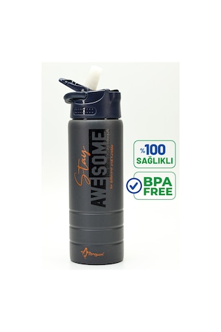 Paslanmaz 304 Çelik Matara Pipetli Motivasyon Matarası Suluğu 304 Çelik Suluk Füme 750 Ml 1156 Gri