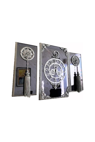 3lü Gümüş Dikdörgen Aynalı Çerçeveli Püsküllü Duvar Saati Takımı, Wall Clock, Hediye, Ms38-1